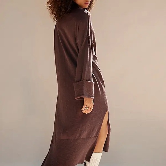 FP Beach Brown Turtleneck Midi Cotton Linen Oversized Sweater Dress Medium - Picture 2 of 10
